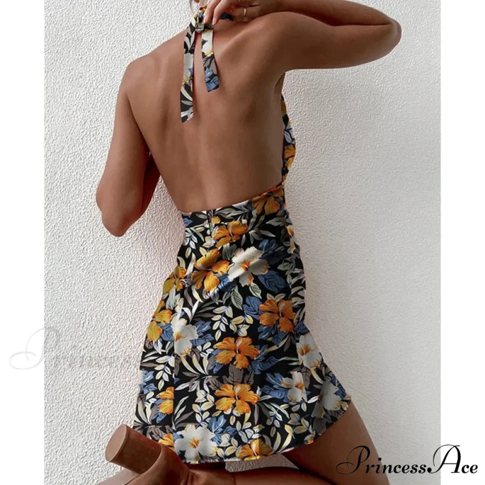 Y2K Flowery Sleeveless Halter Neck Backless Floral Dress