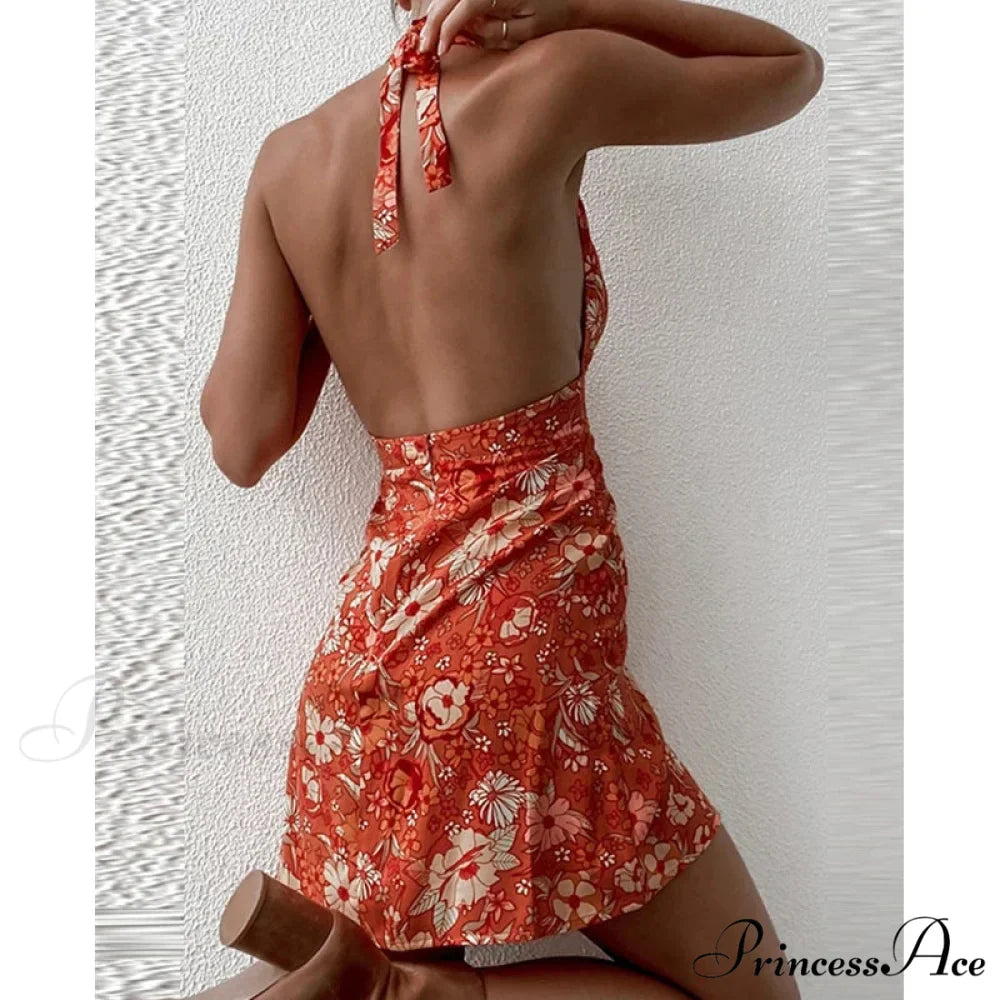 Y2K Flowery Sleeveless Halter Neck Backless Floral Dress