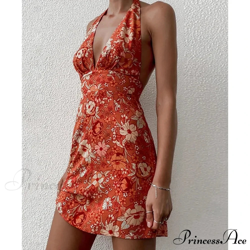Y2K Flowery Sleeveless Halter Neck Backless Floral Dress