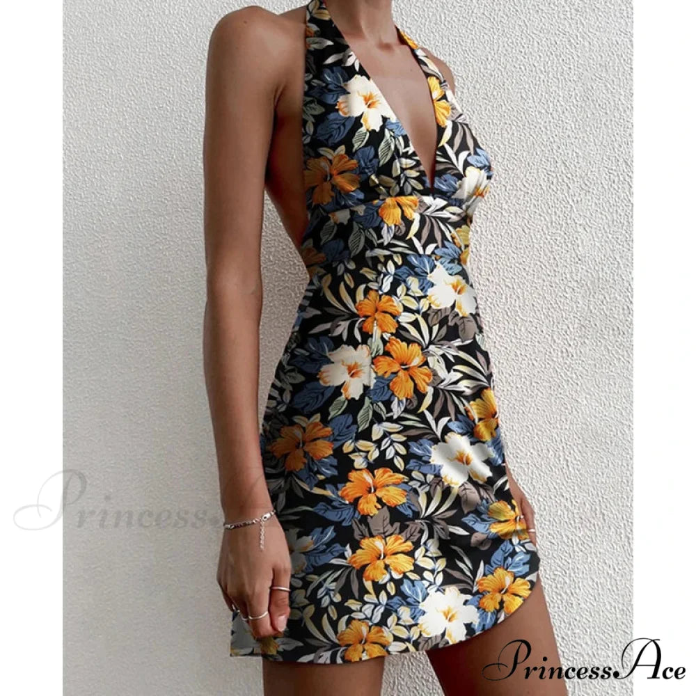 Y2K Flowery Sleeveless Halter Neck Backless Floral Dress