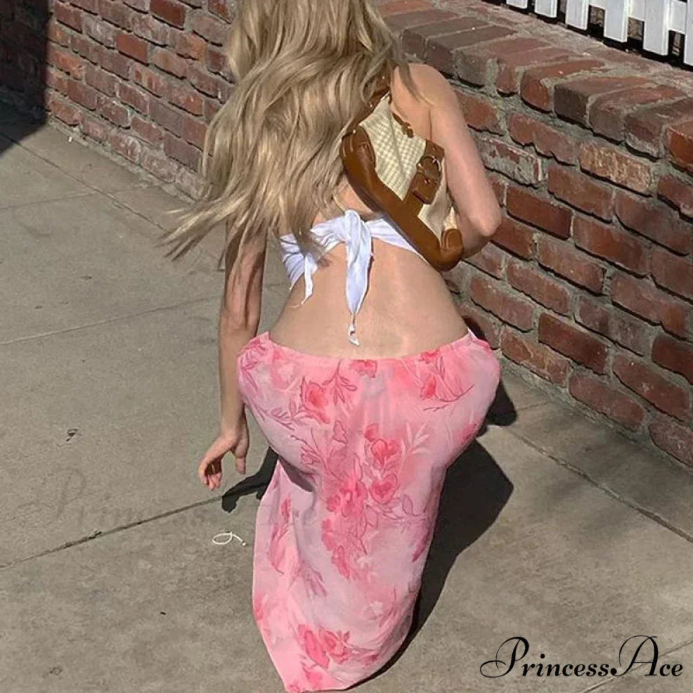 Y2K Flowery Straight Leg Baggy Trimmed Low Waist Summer Skirt