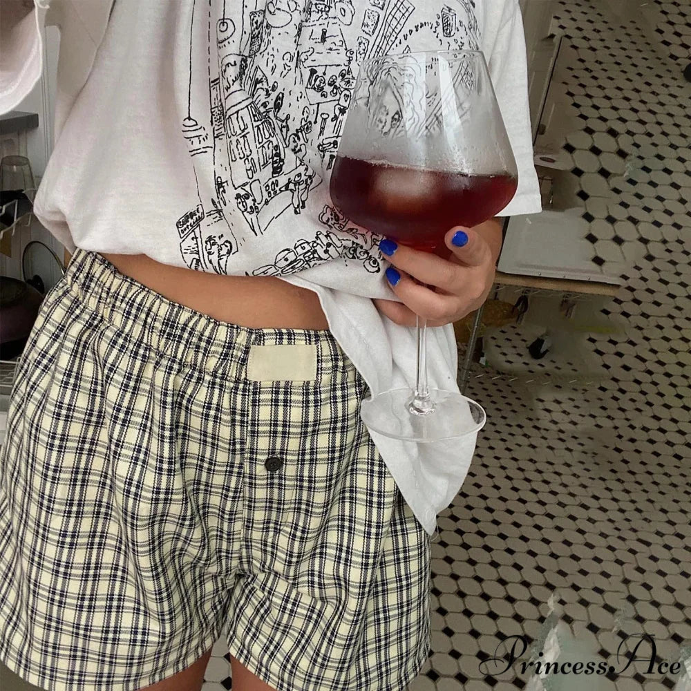 Y2K Gingham Boxer Stripes Button Elastic Waist Boxers Mini Bloomers Plaid Short