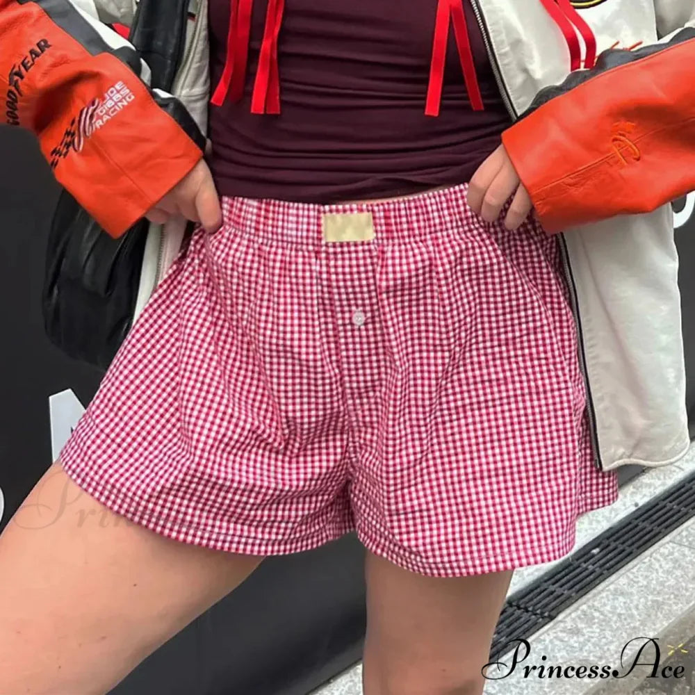 Y2K Gingham Boxer Stripes Button Elastic Waist Boxers Mini Bloomers Plaid Short