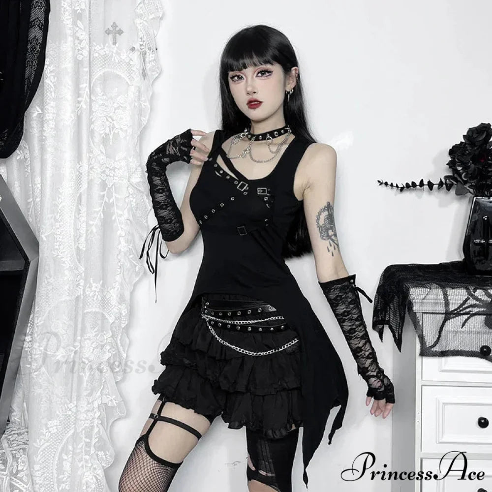 Y2K Goth Black Eyelet Irregular Sleeveless Slim Vintage Summer Crop Top