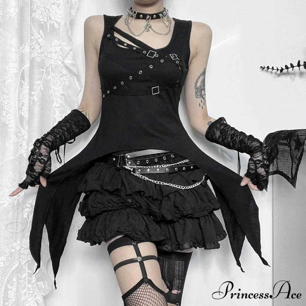 Y2K Goth Black Eyelet Irregular Sleeveless Slim Vintage Summer Crop Top
