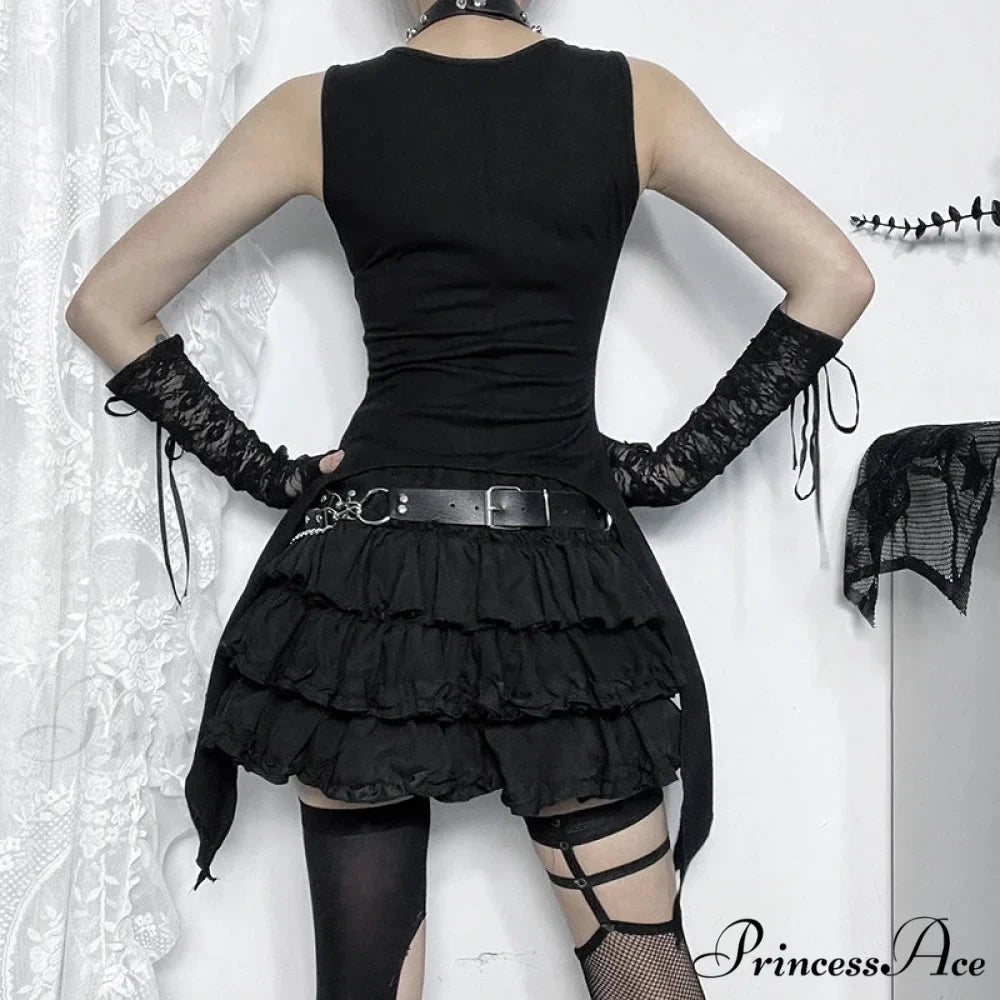 Y2K Goth Black Eyelet Irregular Sleeveless Slim Vintage Summer Crop Top