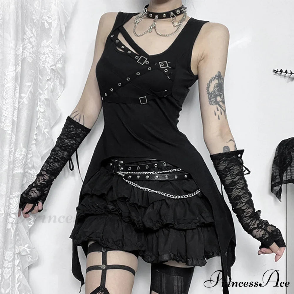 Y2K Goth Black Eyelet Irregular Sleeveless Slim Vintage Summer Crop Top