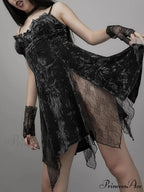 Y2K Gothic Vintage Sexy Mesh Velvet Mini Grunge Aesthetic Dark High Waist Slit Partywear Emo Lolita Clubwear Dress