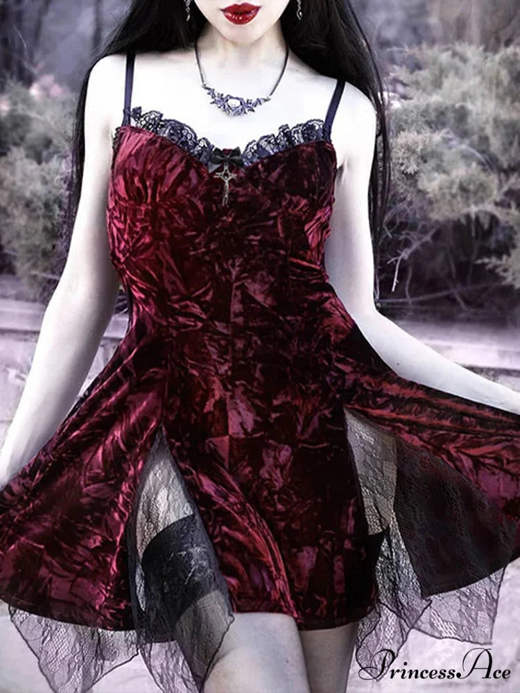 Y2K Gothic Vintage Sexy Mesh Velvet Mini Grunge Aesthetic Dark High Waist Slit Partywear Emo Lolita Clubwear Dress