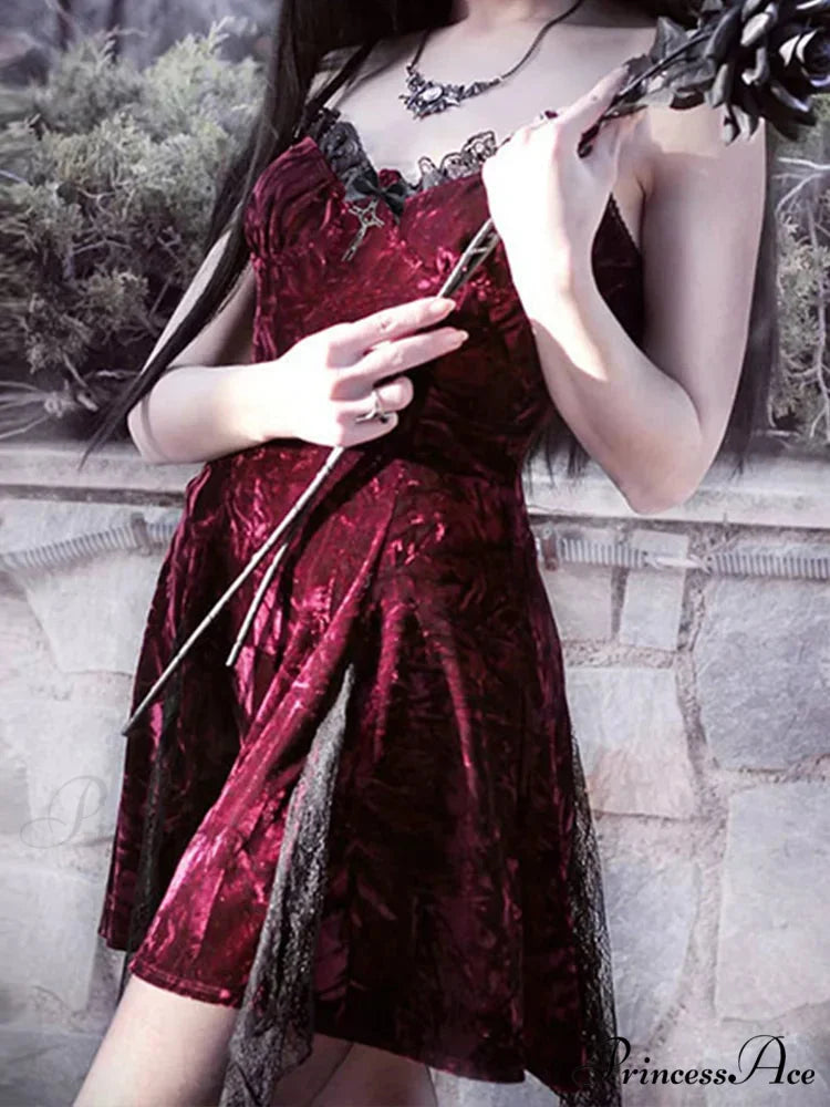 Y2K Gothic Vintage Sexy Mesh Velvet Mini Grunge Aesthetic Dark High Waist Slit Partywear Emo Lolita Clubwear Dress