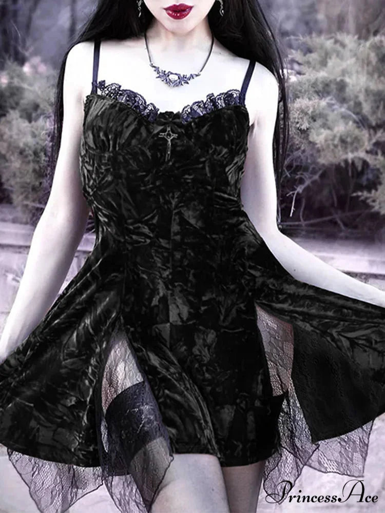 Y2K Gothic Vintage Sexy Mesh Velvet Mini Grunge Aesthetic Dark High Waist Slit Partywear Emo Lolita Clubwear Dress