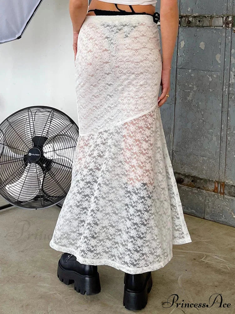 Y2K Grunge Lace Mesh Transparent Bow Tie Extended Skirt