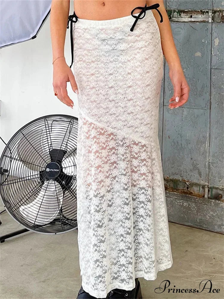 Y2K Grunge Lace Mesh Transparent Bow Tie Extended Skirt