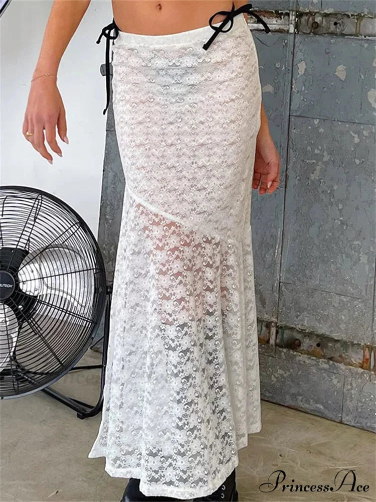 Y2K Grunge Lace Mesh Transparent Bow Tie Extended Skirt