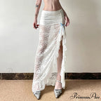 Y2K Ivory Bohemian Floral Lace Lower Waist Maxi Skirt