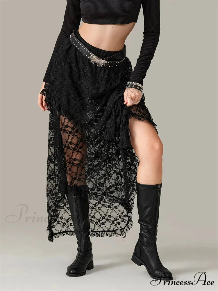 Y2K Lace Mesh Transparent High Waist Uneven Skirt