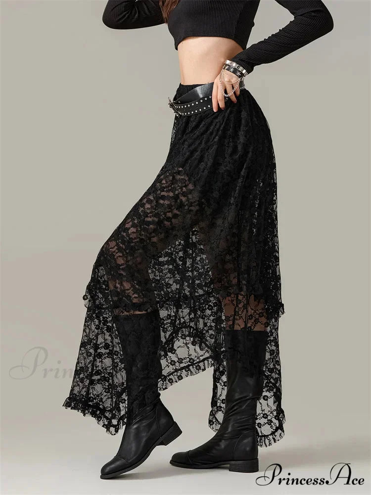 Y2K Lace Mesh Transparent High Waist Uneven Skirt