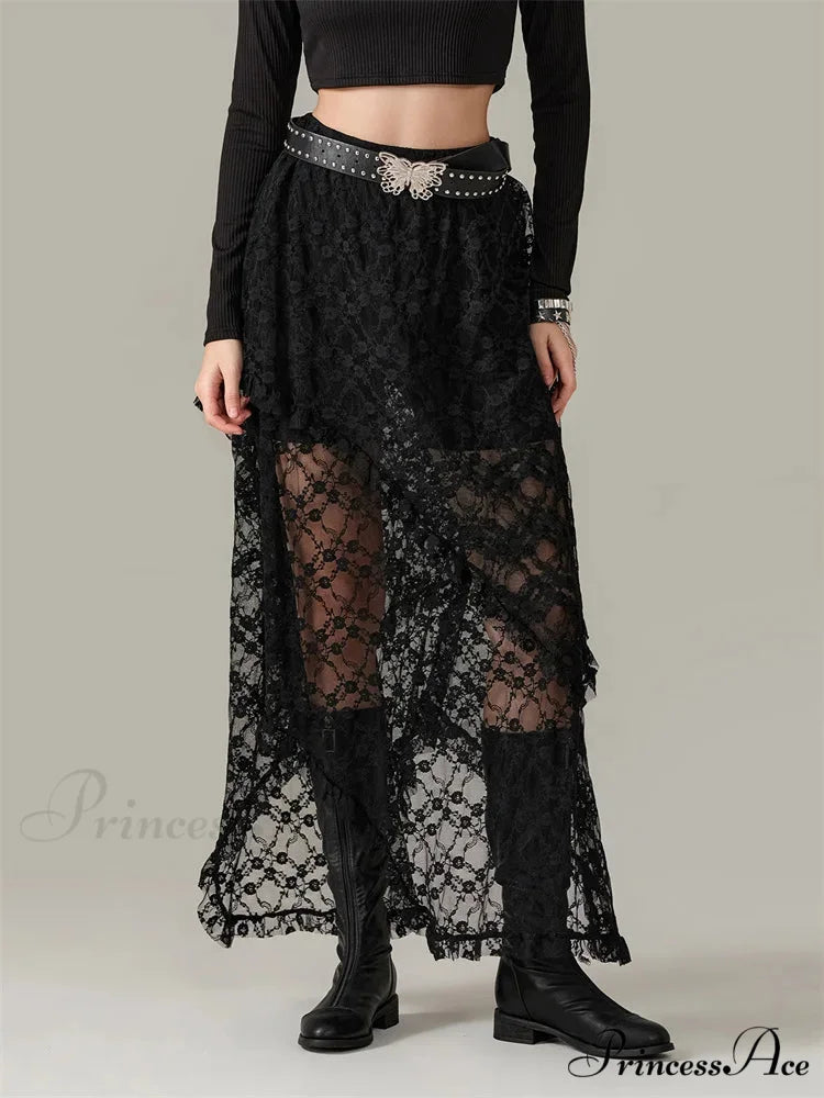 Y2K Lace Mesh Transparent High Waist Uneven Skirt