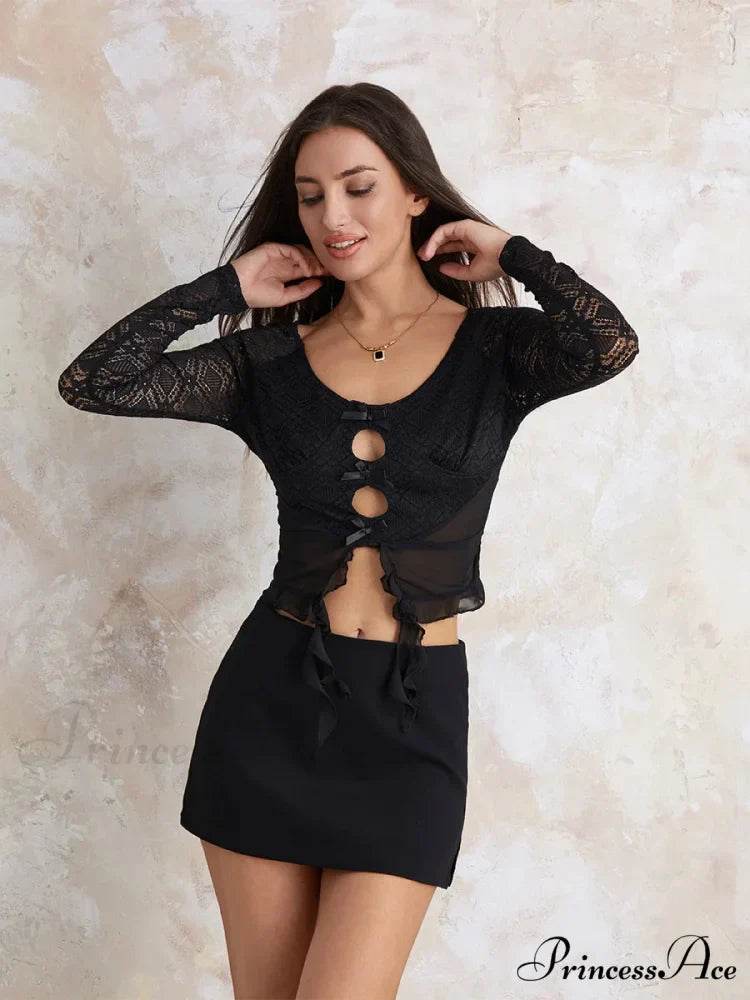 Y2k Lace Sheer Sexy Slim Fit Fairy Long Sleeve Trendy Stylish Classic Crop Top