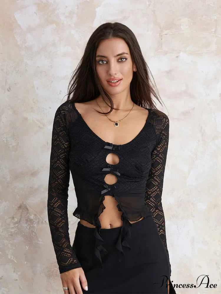 Y2k Lace Sheer Sexy Slim Fit Fairy Long Sleeve Trendy Stylish Classic Crop Top