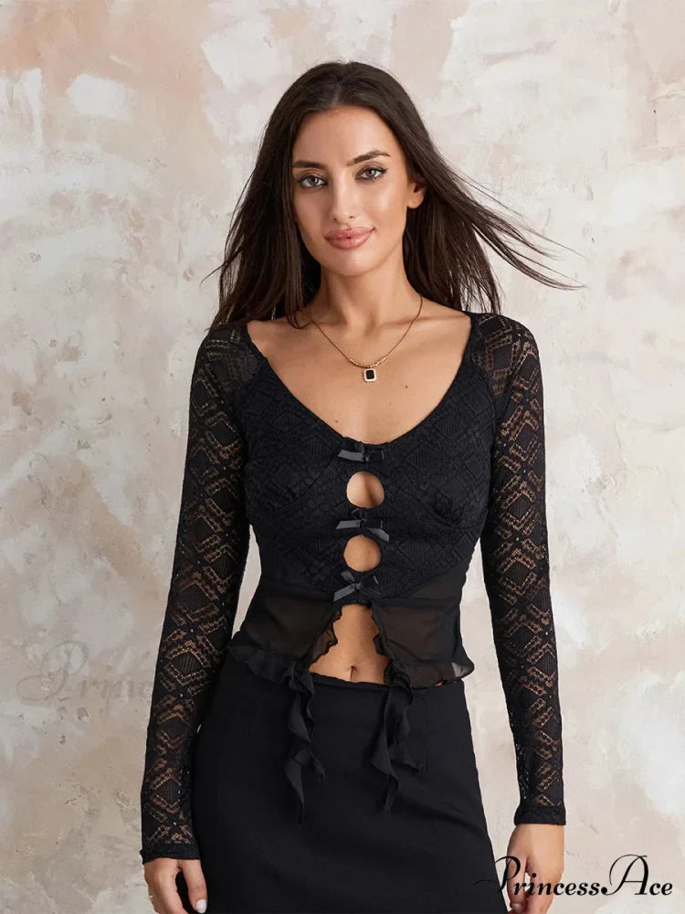 Y2k Lace Sheer Sexy Slim Fit Fairy Long Sleeve Trendy Stylish Classic Crop Top