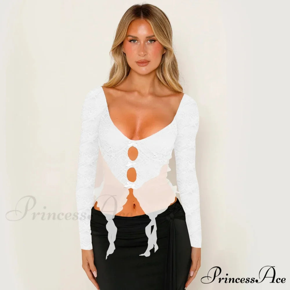 Y2k Lace Sheer Sexy Slim Fit Fairy Long Sleeve Trendy Stylish Classic Crop Top