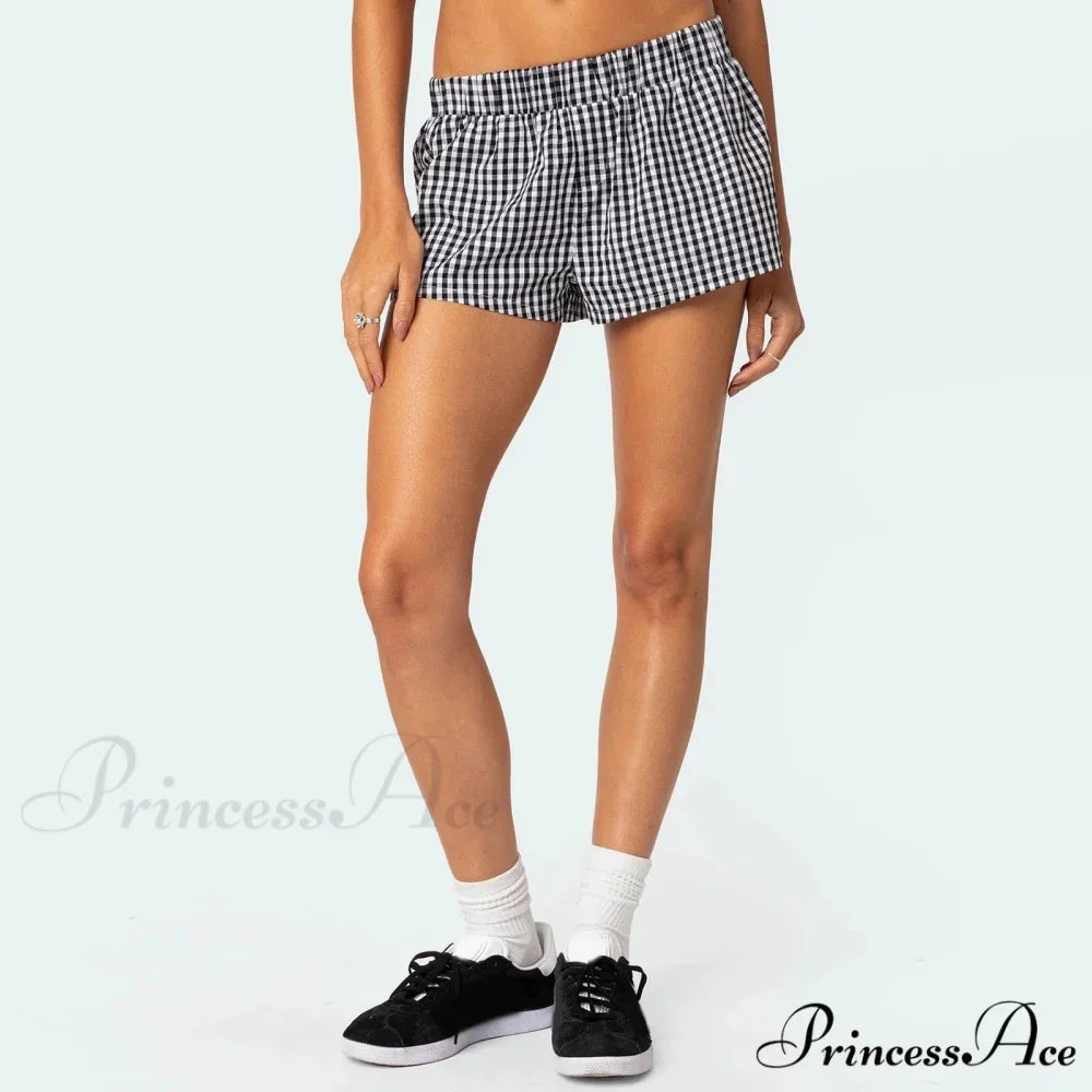 Y2K Lounge Soft Elastic Low Waist Plaid Print Button Front Pajama Bottoms Short