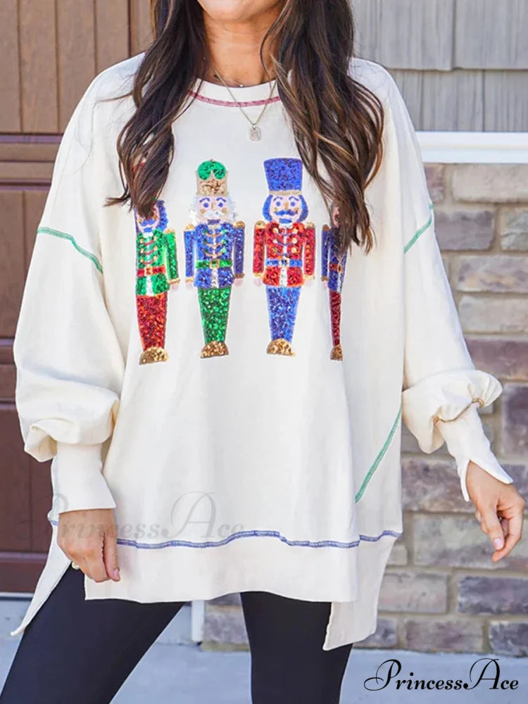 Y2K Nutcracker Graphic Sequin Long Sleeve Crewneck Pullover Christmas Hoodie
