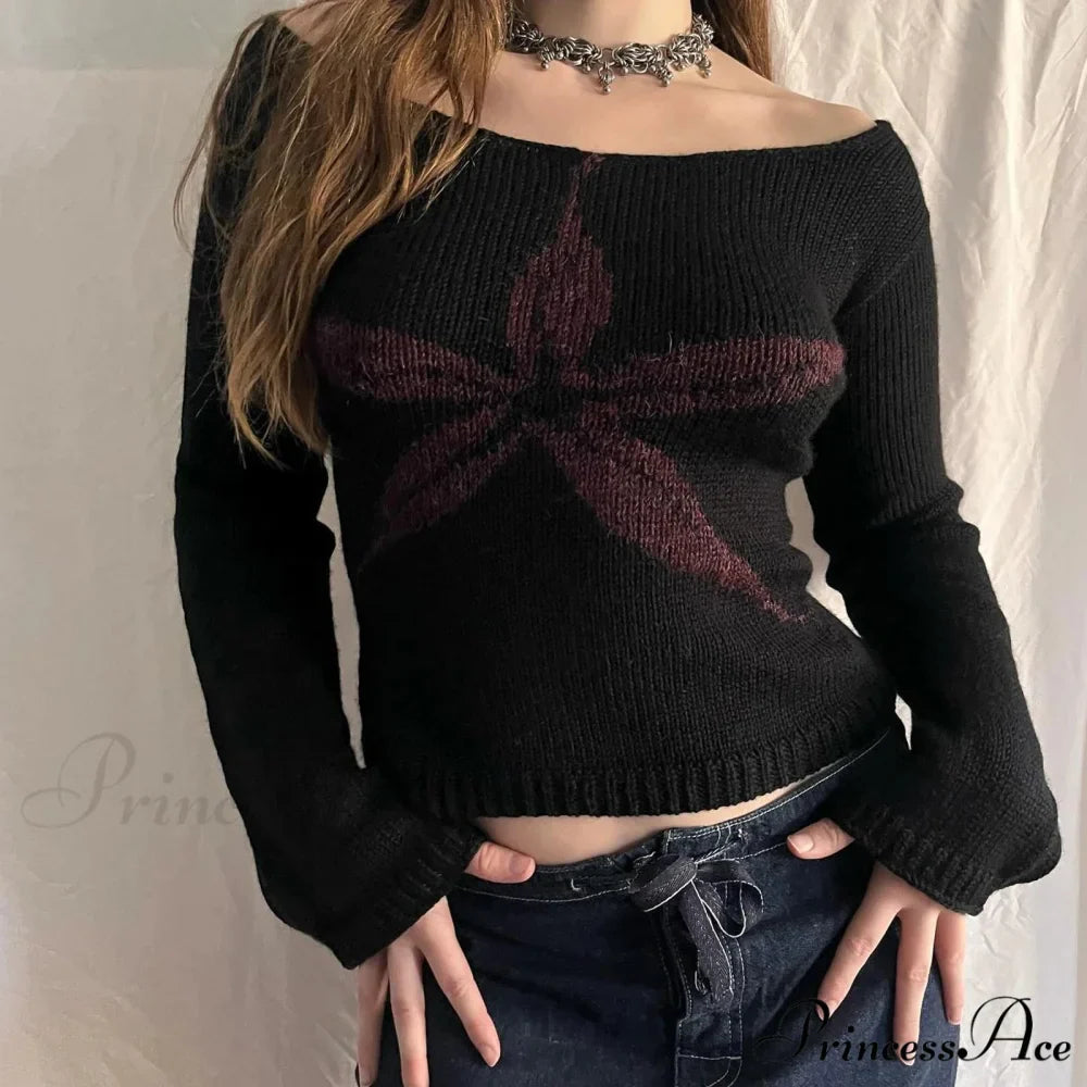 Y2K Off Shoulder Ribbon Graphic Pullover Knit Top