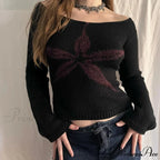 Y2K Off Shoulder Ribbon Graphic Pullover Knit Top