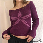 Y2K Off Shoulder Ribbon Graphic Pullover Knit Top