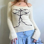 Y2K Off Shoulder Ribbon Graphic Pullover Knit Top
