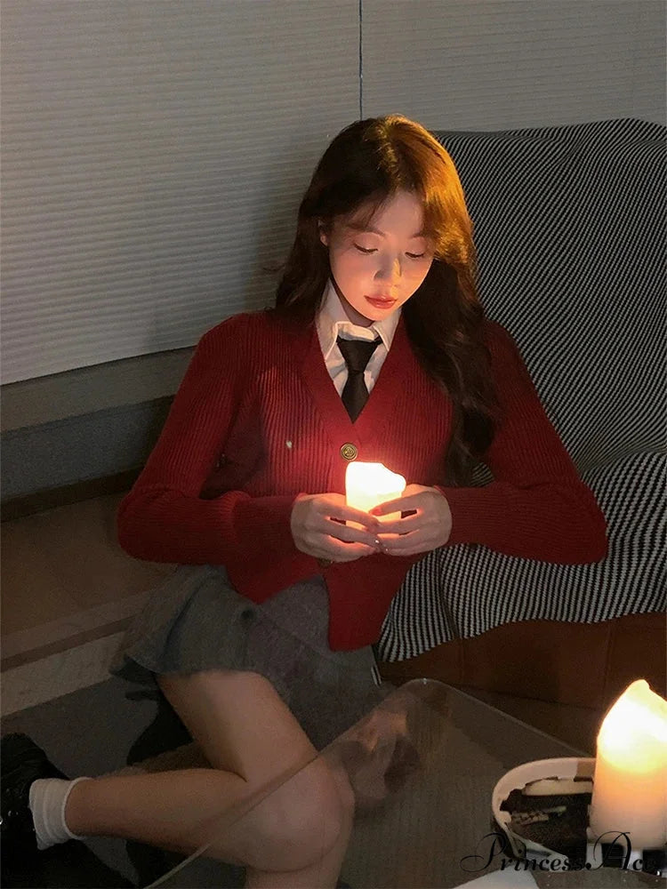 Y2K Red Crop V-neck Cardigan