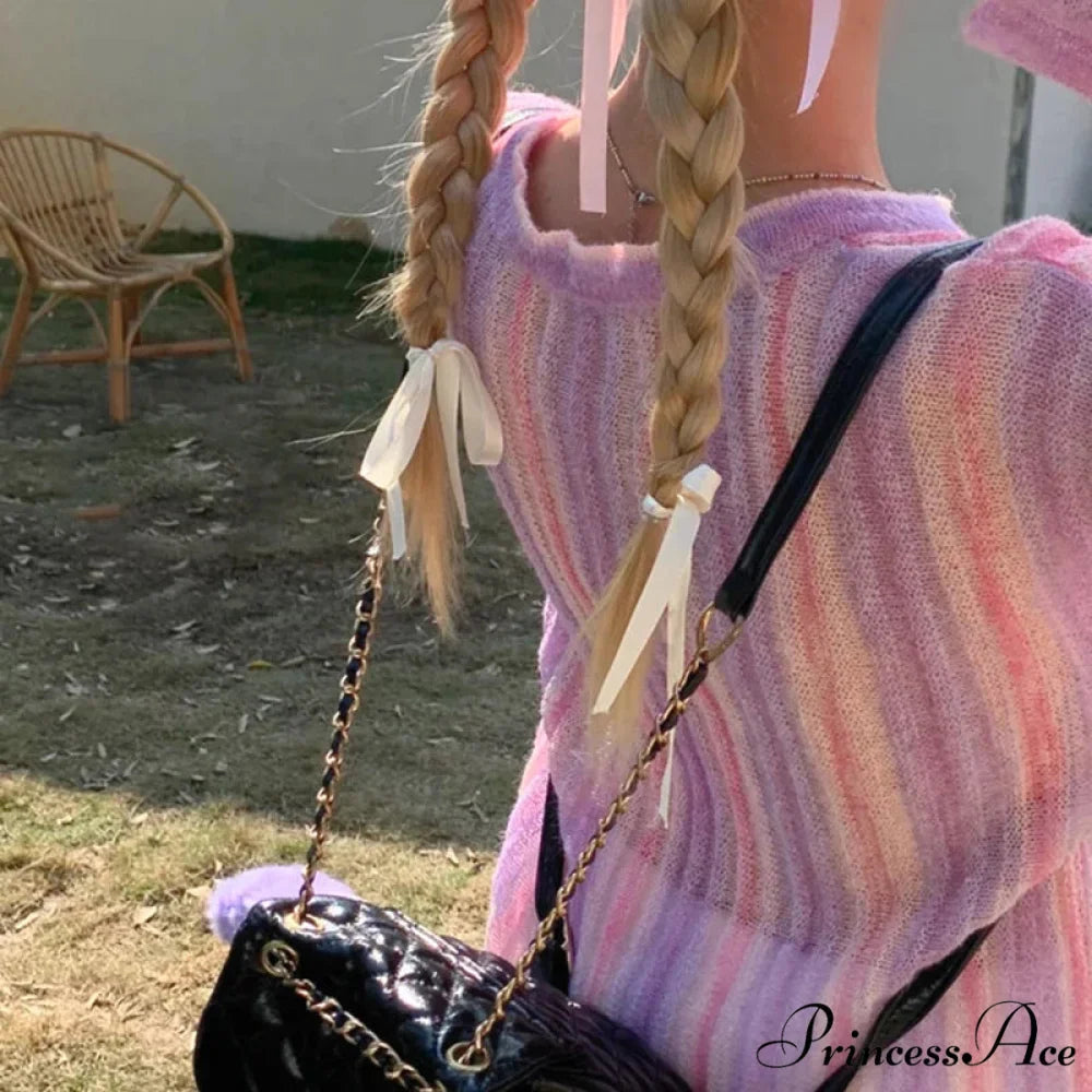 Y2K Retro Long Sleeve Vertical Stripe Print Knit Top