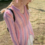 Y2K Retro Long Sleeve Vertical Stripe Print Knit Top
