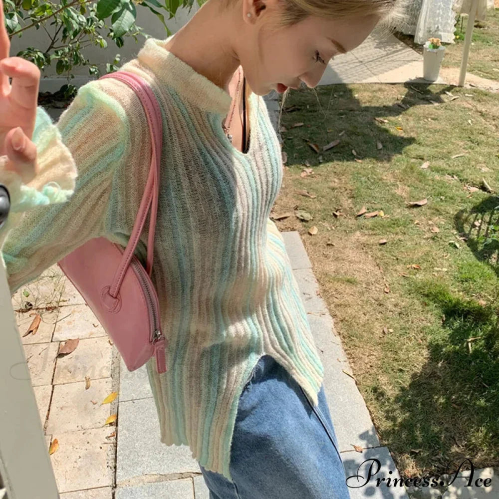 Y2K Retro Long Sleeve Vertical Stripe Print Knit Top