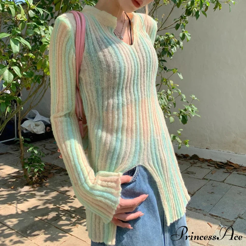 Y2K Retro Long Sleeve Vertical Stripe Print Knit Top