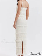 Y2K Ruched Sleeveless Strap Sling for Women Ruffles Square Neck Low Cut Back Split Female Vestidos