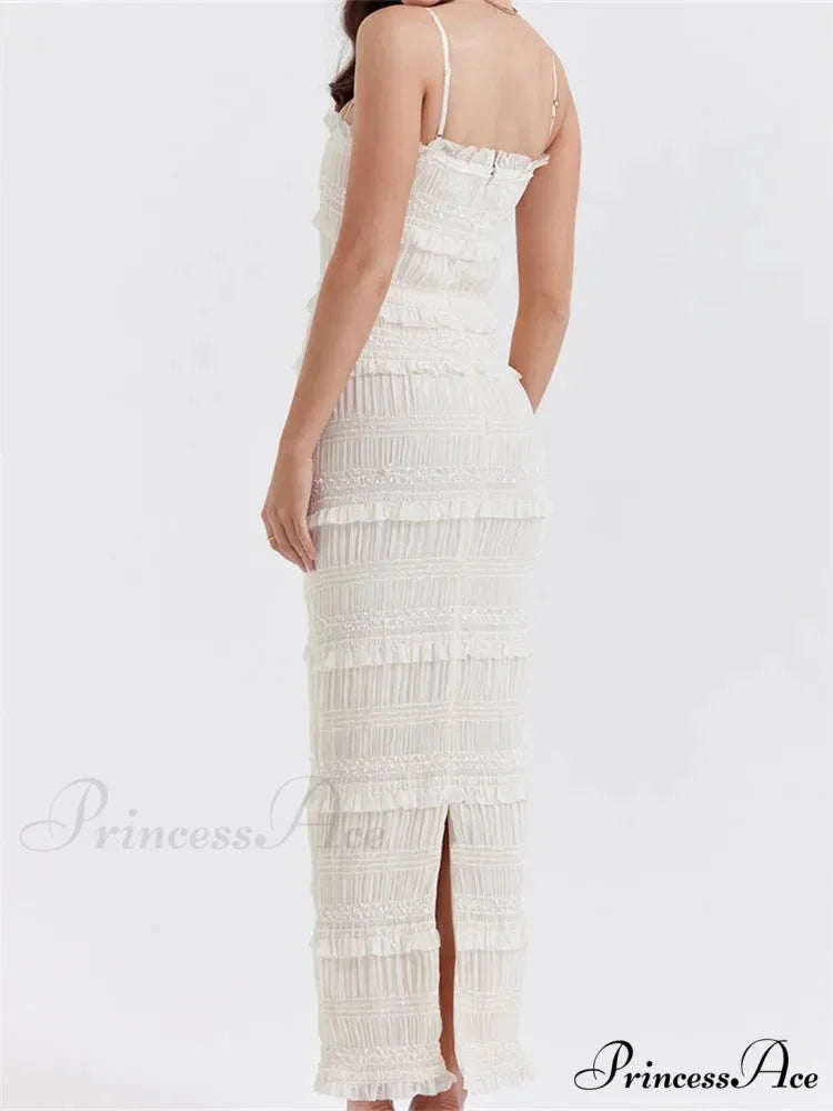 Y2K Ruched Sleeveless Strap Sling for Women Ruffles Square Neck Low Cut Back Split Female Vestidos