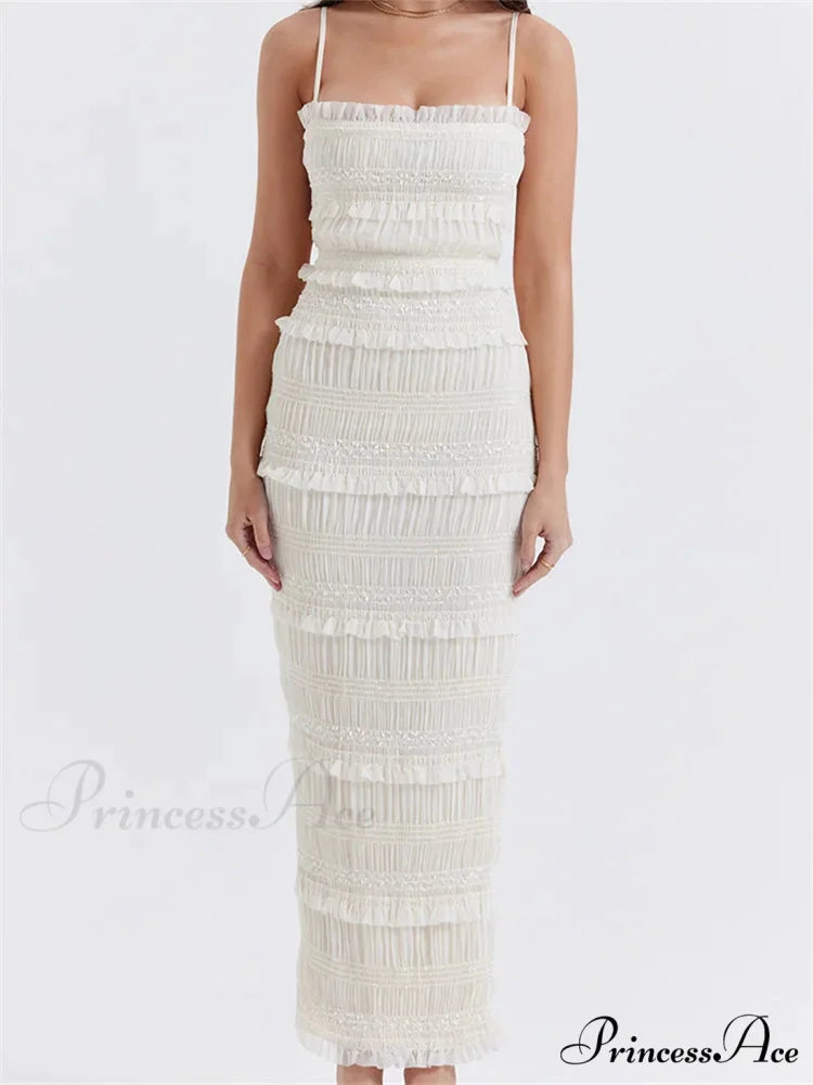 Y2K Ruched Sleeveless Strap Sling for Women Ruffles Square Neck Low Cut Back Split Female Vestidos