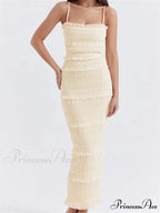 Y2K Ruched Sleeveless Strap Sling for Women Ruffles Square Neck Low Cut Back Split Female Vestidos