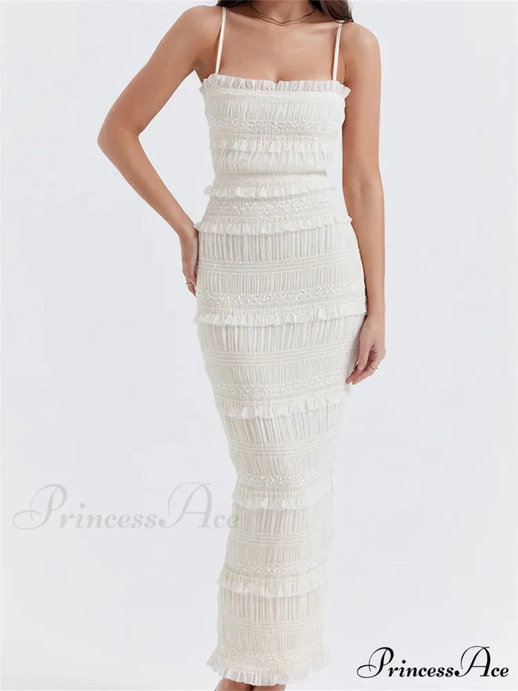 Y2K Ruched Sleeveless Strap Sling for Women Ruffles Square Neck Low Cut Back Split Female Vestidos