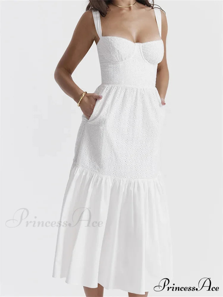 Y2K Square Neck Lace for Women Low Cut Sleeveless Spaghetti Strap White Summer Female Vestidos