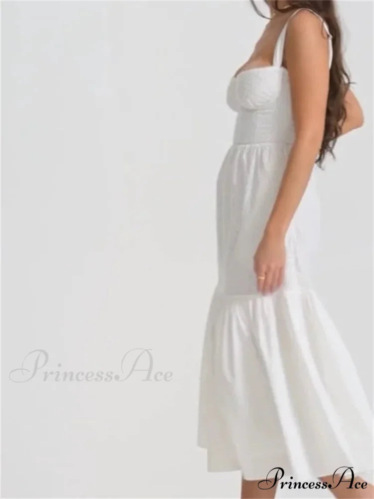 Y2K Square Neck Lace for Women Low Cut Sleeveless Spaghetti Strap White Summer Female Vestidos