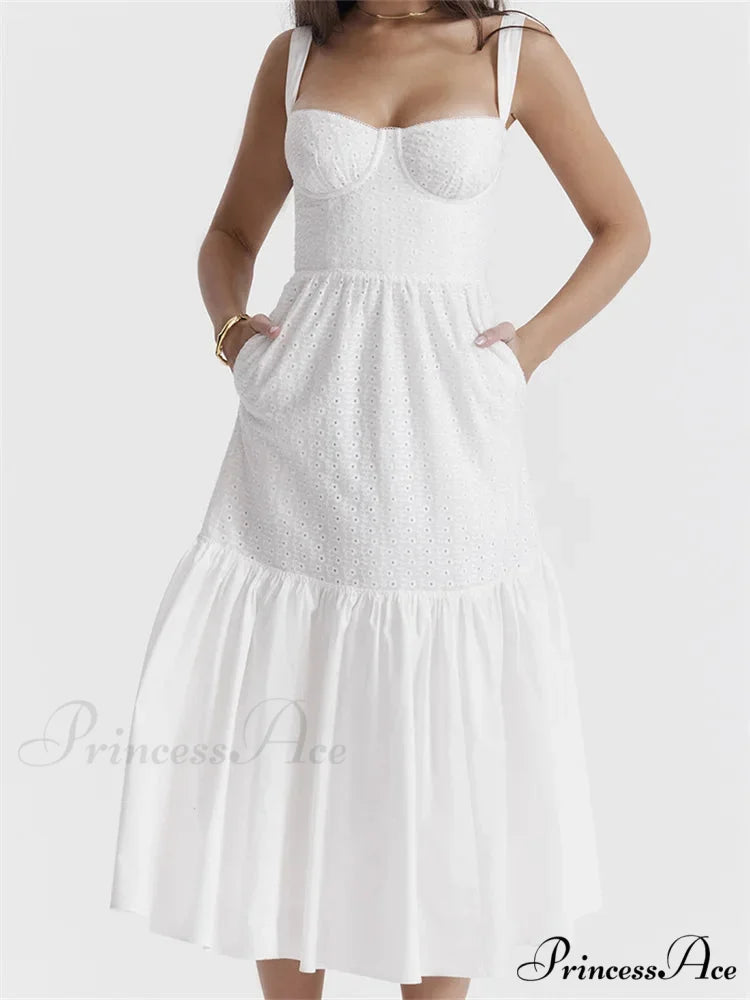 Y2K Square Neck Lace for Women Low Cut Sleeveless Spaghetti Strap White Summer Female Vestidos