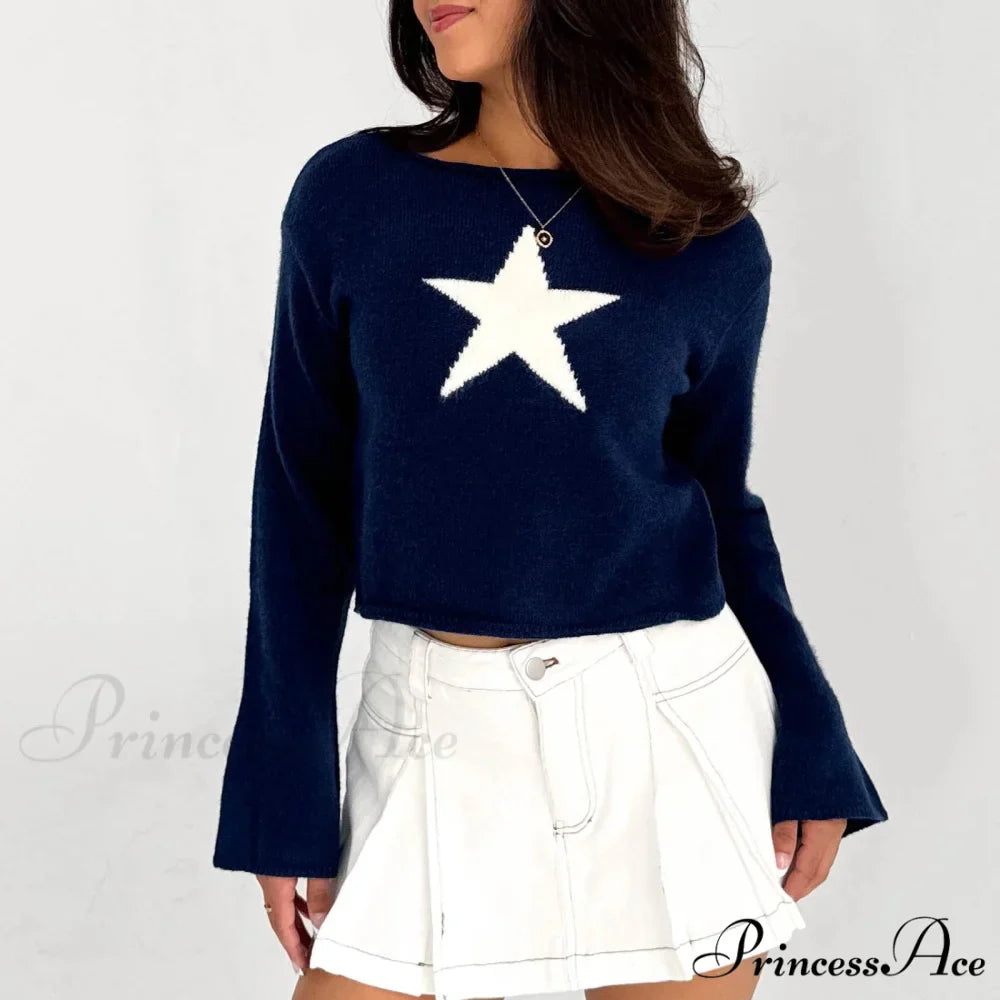 Y2K Star Print Airy Crewneck Cropped Knit Pullover Top