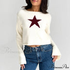 Y2K Star Print Airy Crewneck Cropped Knit Pullover Top