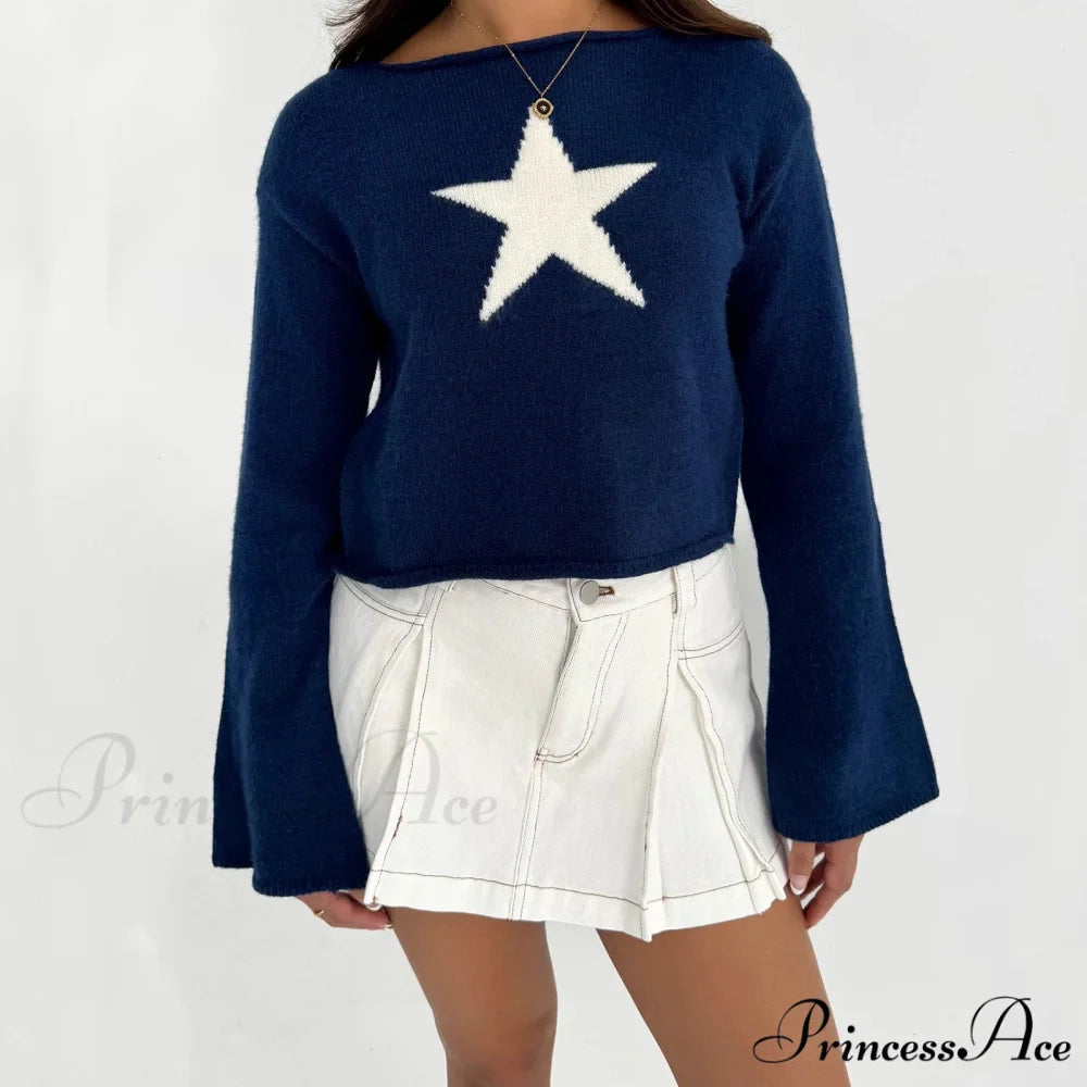 Y2K Star Print Airy Crewneck Cropped Knit Pullover Top