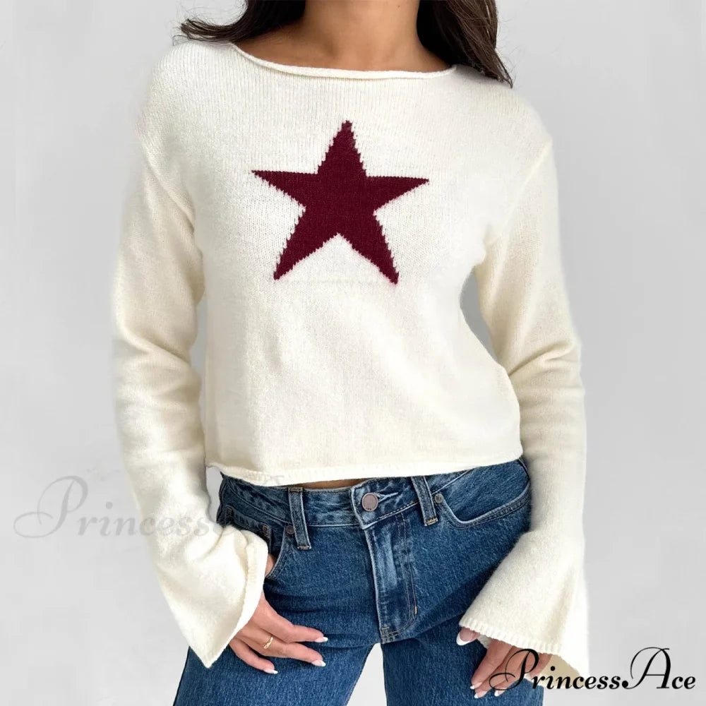 Y2K Star Print Airy Crewneck Cropped Knit Pullover Top