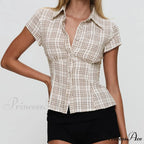 Y2K Tartan Button Down Short Sleeve Blouse